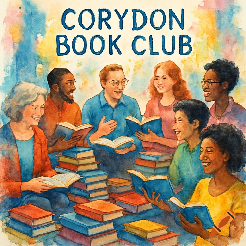 Diverse people read and discuss books at a 'Corydon Book Club' gathering, surrounded by stacks of books, in a bright watercolor illustration.