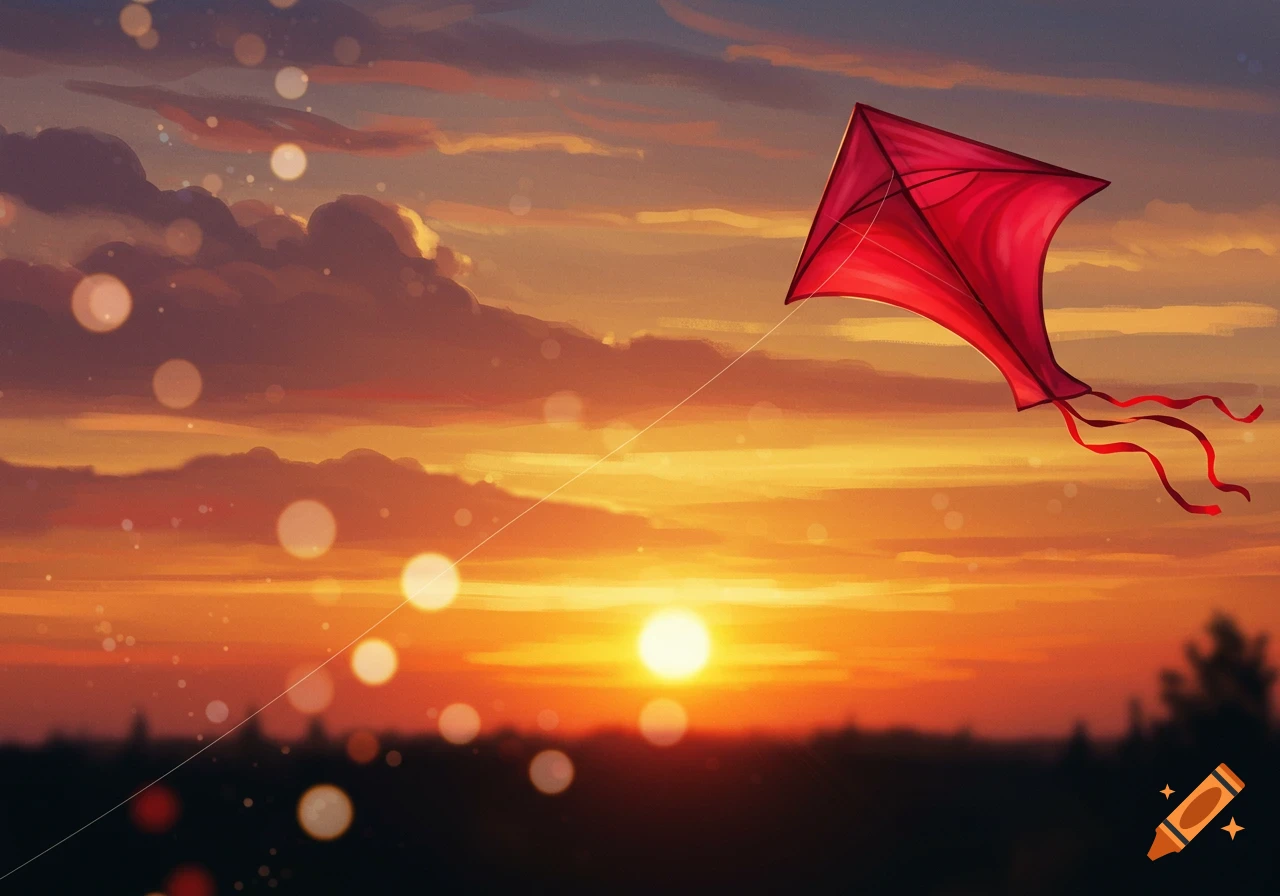 A vibrant red kite with streamers flies against a vivid orange and purple sunset sky with blurry bokeh lights and a dark horizon line, digital painting.