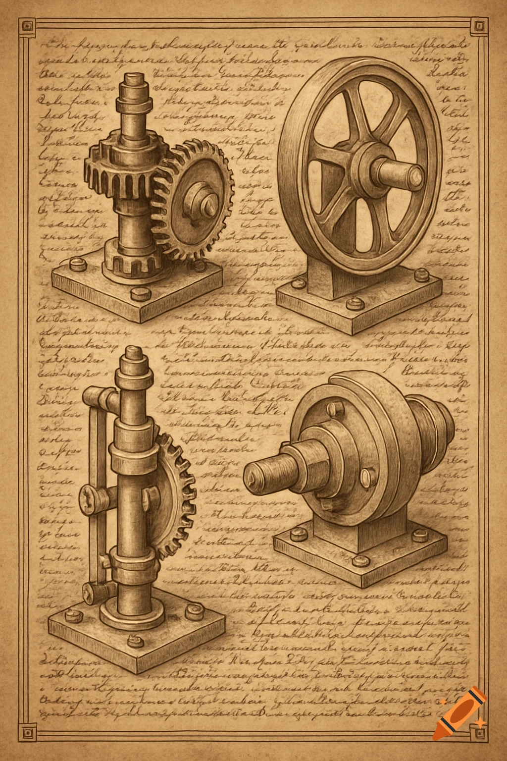 Vintage technical drawing on aged paper with four illustrations of mechanical gears and wheels, surrounded by illegible script.