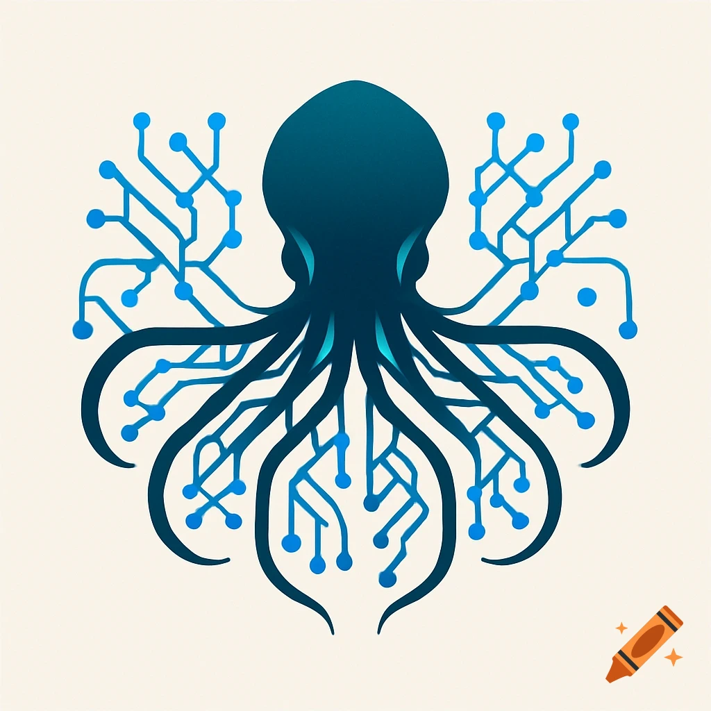 A stylized abstract logo featuring a blue octopus with its tentacles depicted as circuit board patterns, on a light background.