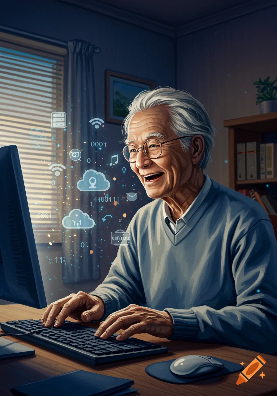 A smiling elderly man happily uses a desktop computer, surrounded by glowing digital symbols in a cozy home office, in a detailed digital art style.