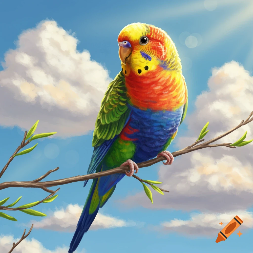 A vibrantly colored rainbow budgie perches on a bare branch against a bright blue sky with white clouds, digital art.