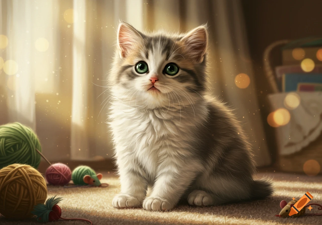 A fluffy tabby kitten with bright green eyes sits on a carpet amidst yarn balls and toy mice in warm, soft lighting.