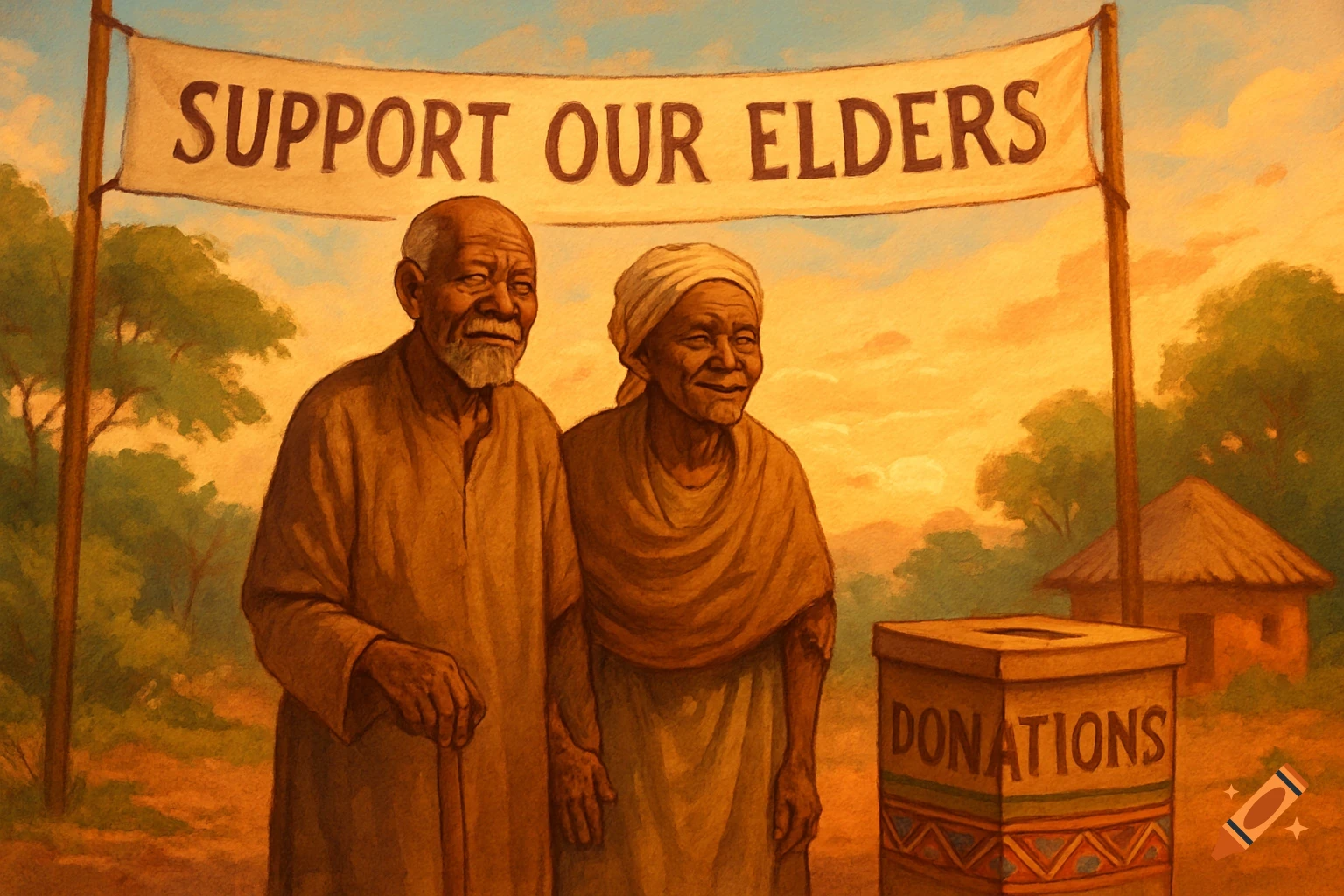 Painting of two elderly people, a man with a cane and a woman, standing by a donation box under a 'SUPPORT OUR ELDERS' banner in a rural setting.