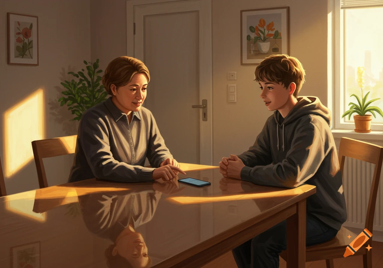 A woman and a boy sit at a wooden table in warm sunlight, the woman pointing at a smartphone. Digital painting.