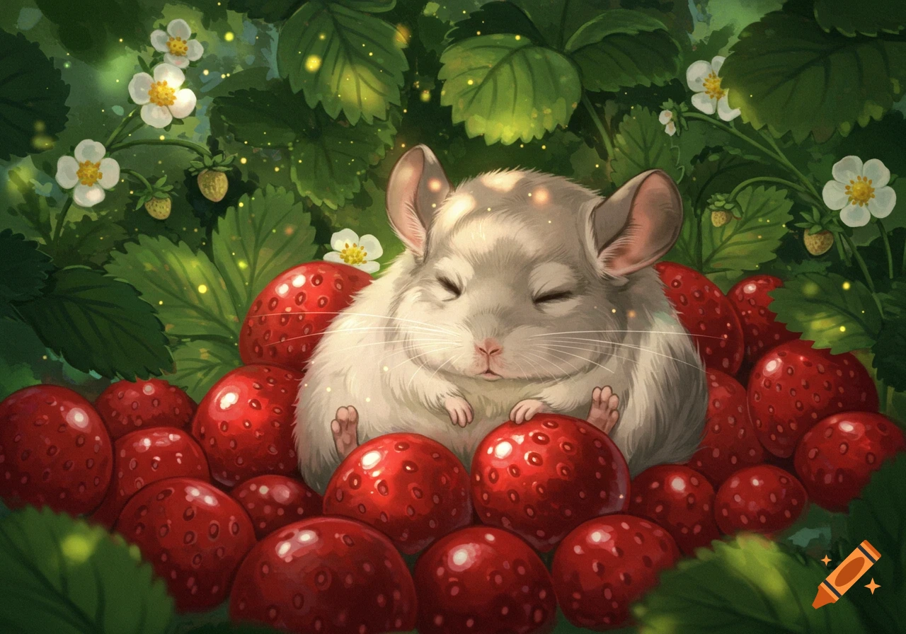 A fluffy white chinchilla sleeps peacefully in a bed of red strawberries, surrounded by green leaves and white flowers, in a charming Studio Ghibli style.