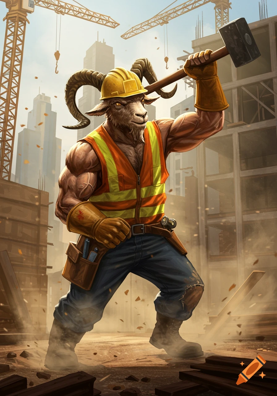 A muscular goat man in a hard hat and safety vest, holding a sledgehammer at a construction site.