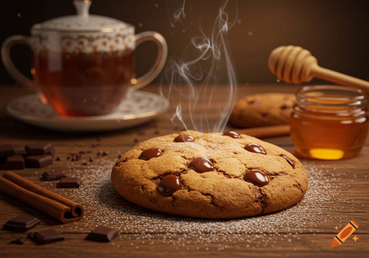 A steaming chocolate chip cookie on a wooden table with a teacup, honey, chocolate, and cinnamon sticks.