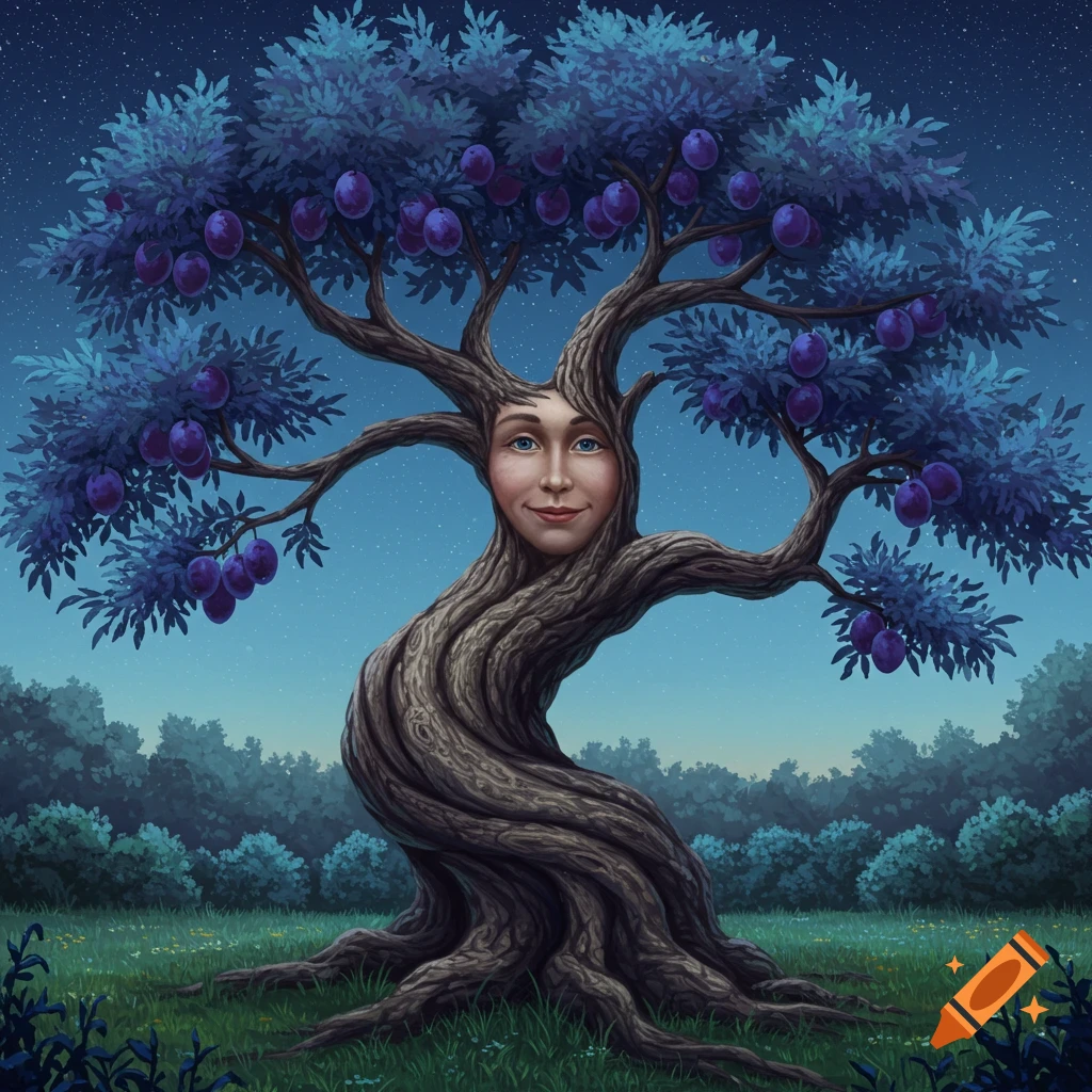 A fantasy illustration of a plum tree with a serene human face on its trunk, under a starry sky.