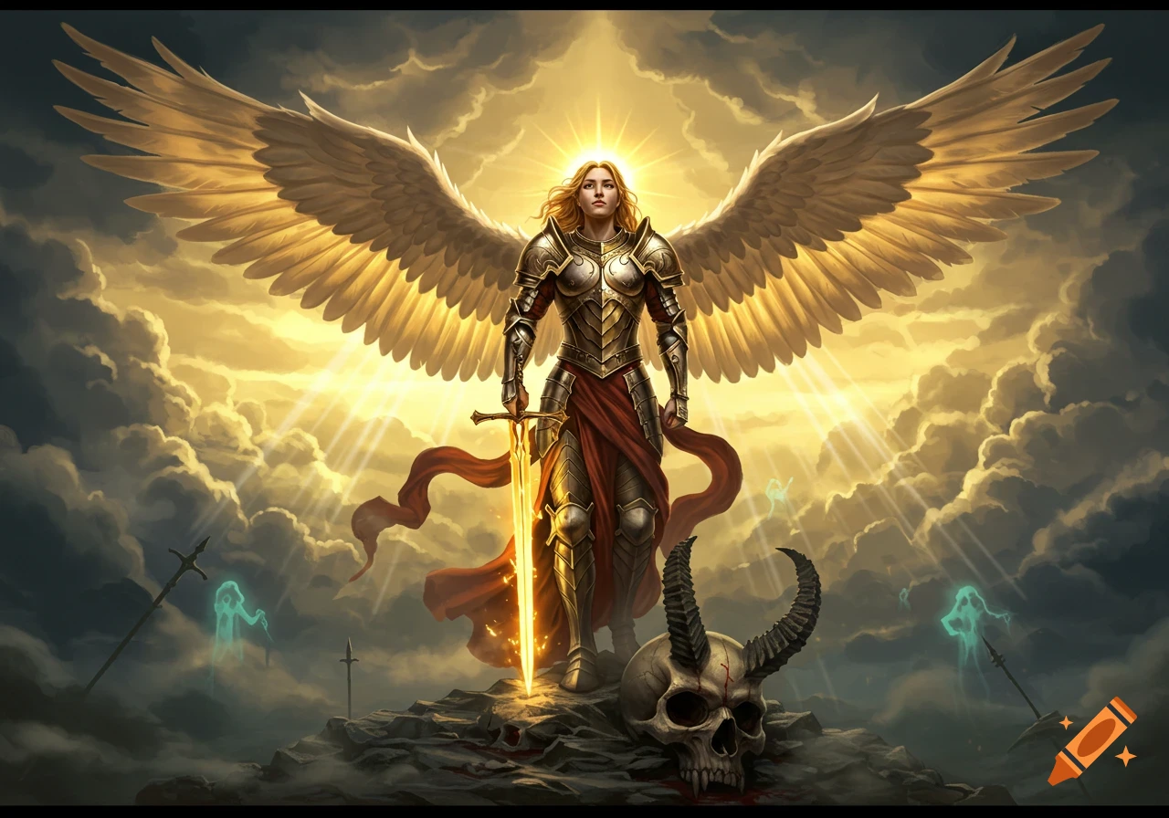 Mighty angelic warrior in golden armor with large wings holding a glowing sword, standing over a horned demon skull.