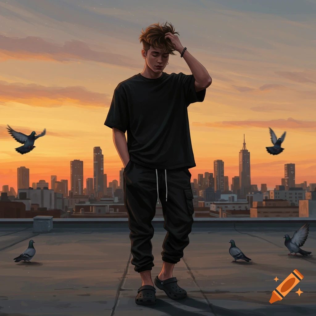 A stylized digital painting of a young man in black attire standing on a rooftop at sunset with a cityscape and pigeons.