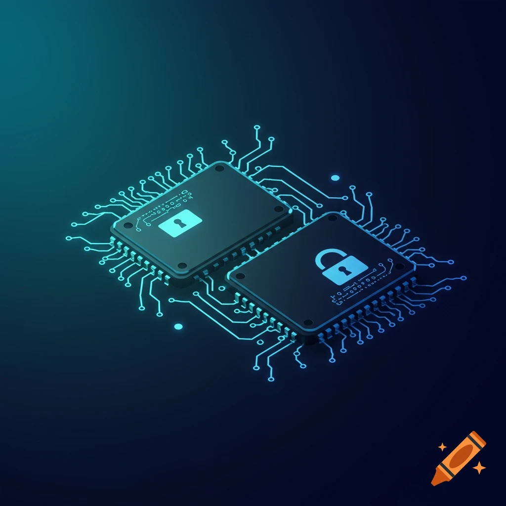 Two glowing cyan computer chips with lock icons connected by circuit lines on a dark blue background.
