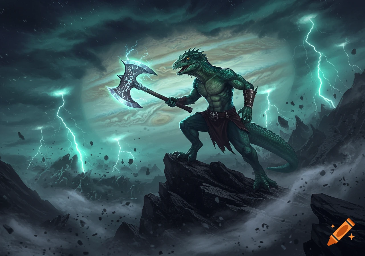 A muscular green lizardman warrior stands on a rock, holding a glowing battleaxe under a stormy, lightning-filled sky with Jupiter.