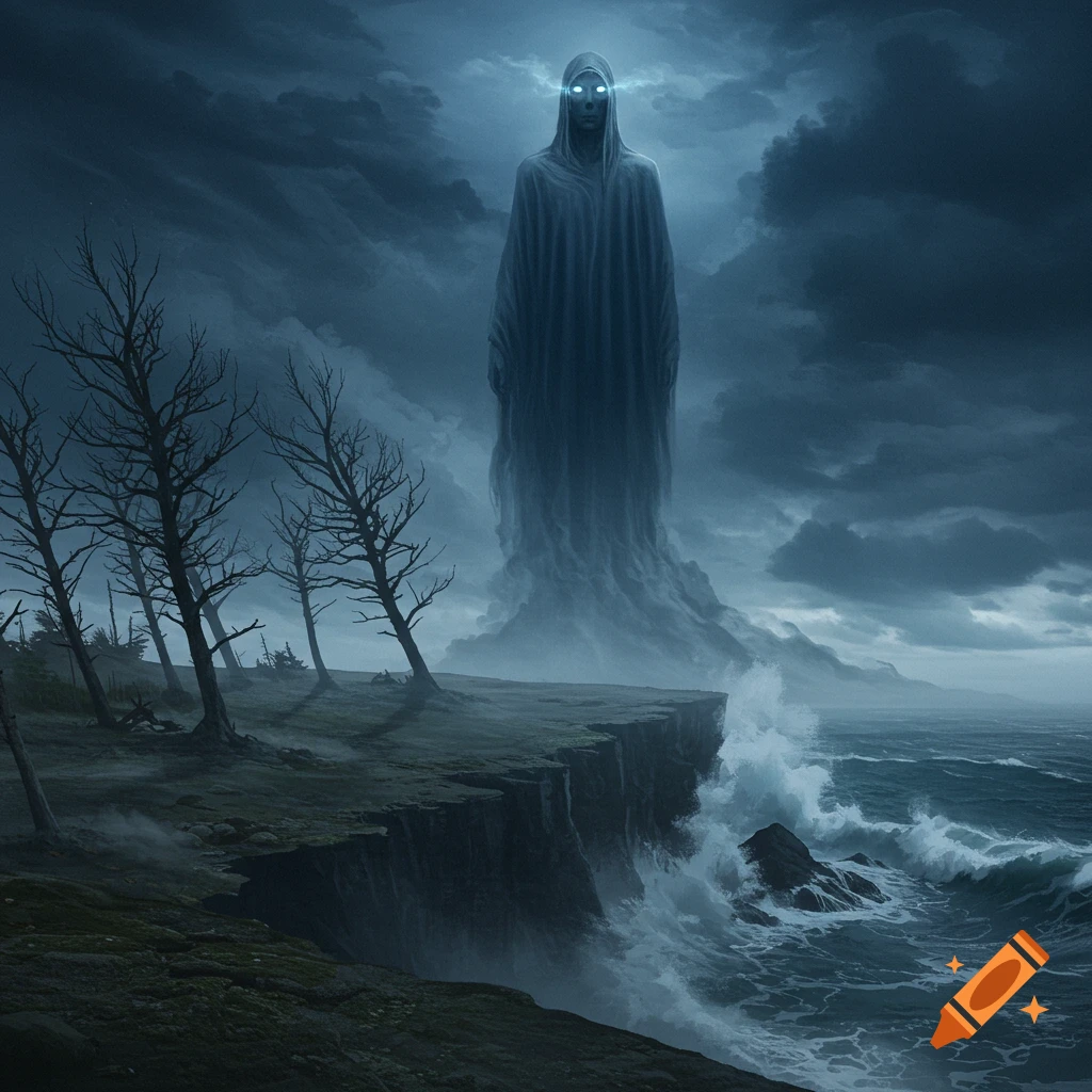 A tall, robed ghost with glowing eyes stands on a stormy cliff overlooking a turbulent sea with bare trees.