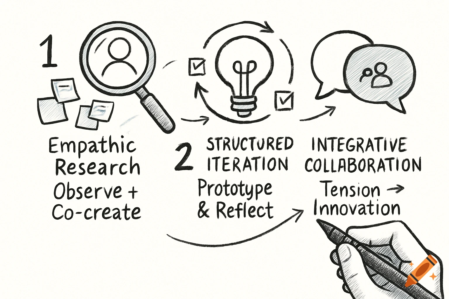 A hand-drawn diagram illustrating a three-step process: 1. Empathic Research, 2. Structured Iteration with a lightbulb, and 3. Integrative Collaboration with speech bubbles, concluding with a hand holding a pen.