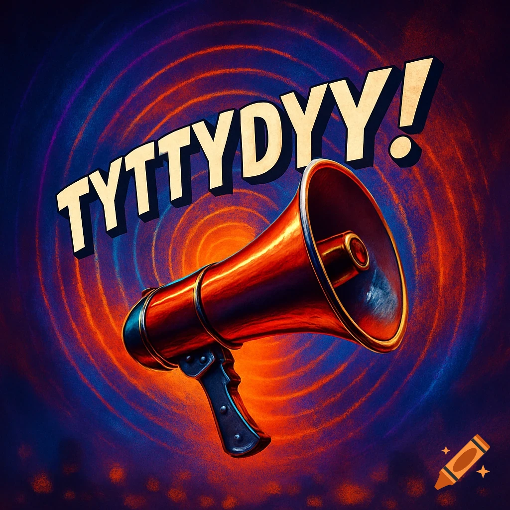A stylized red megaphone with the bold text 'TYTTYDYY!' against a vibrant blue and orange swirling background.