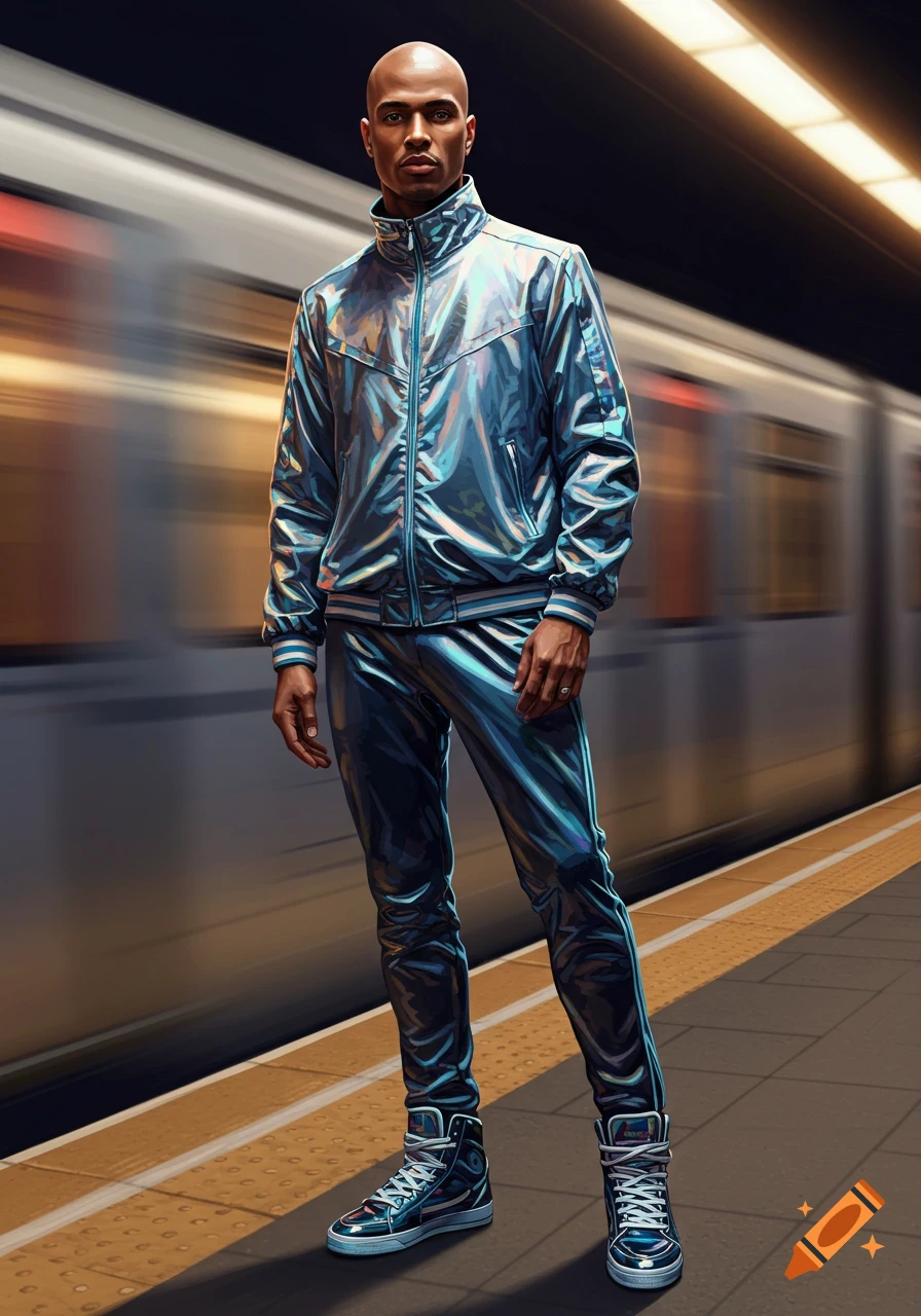 A bald man in a shimmering blue iridescent tracksuit and sneakers stands on a subway platform with a blurred train rushing by.