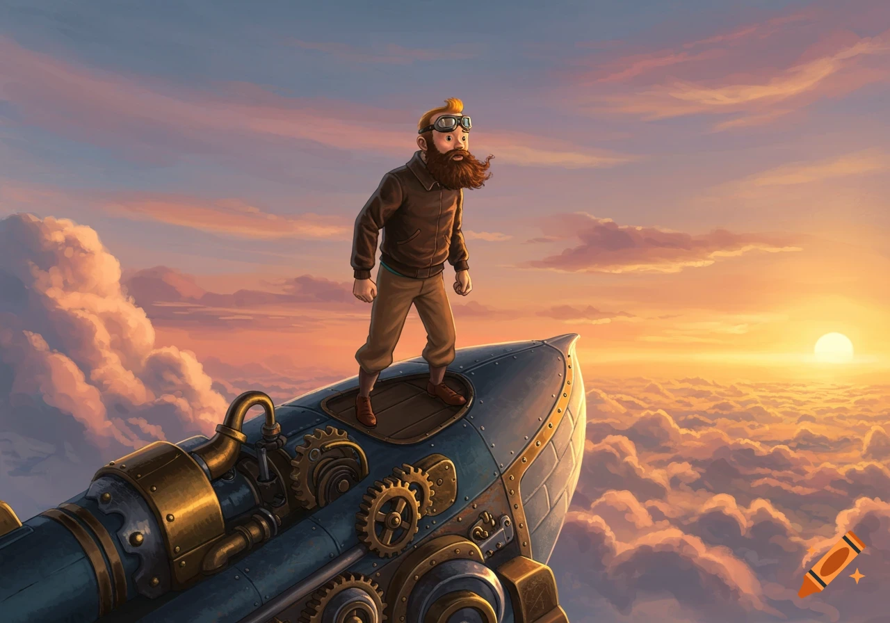 A bearded man resembling Tintin stands on a steampunk flying machine above clouds at sunset.