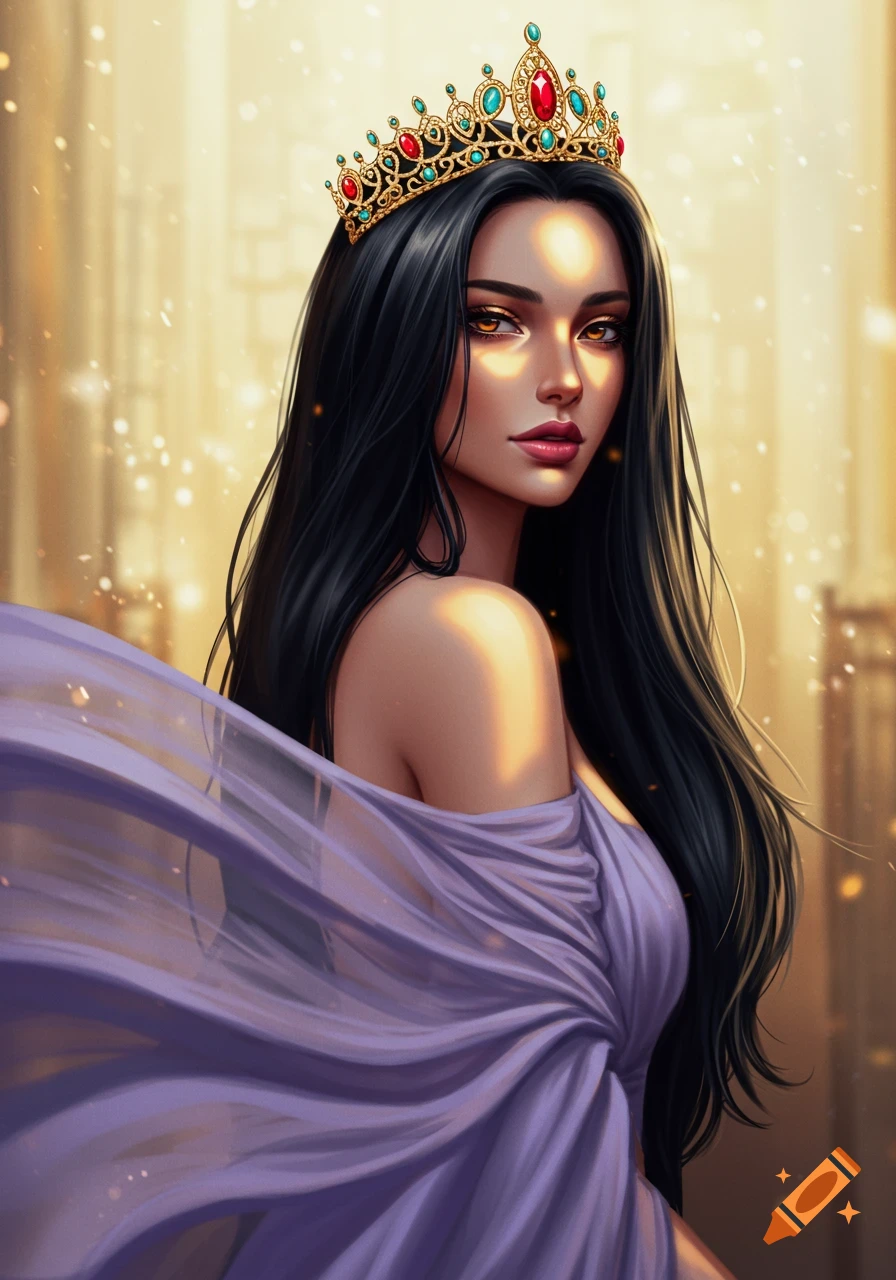 An illustrated portrait of a woman with long black hair, a jeweled crown, and a lavender dress, looking over her shoulder against a shimmering golden background.
