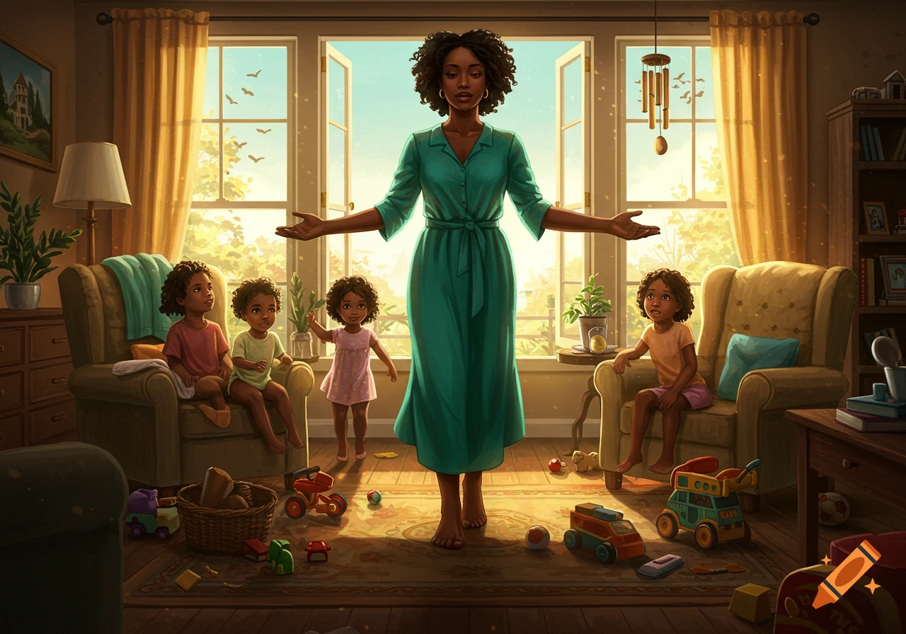 An illustrative painting of a Black mother with outstretched arms surrounded by four young children and toys in a sunny living room.