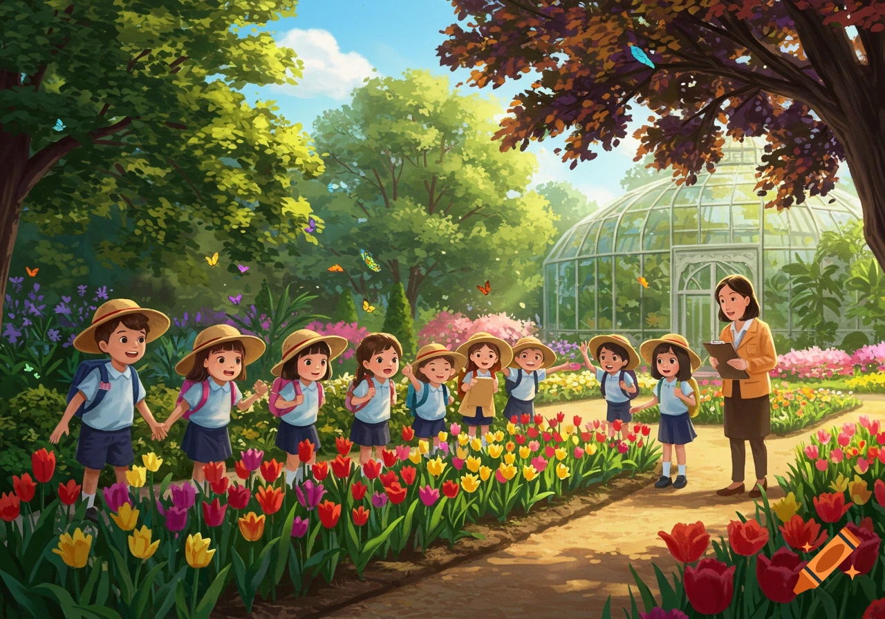 A group of children and a teacher on a school trip in a vibrant botanical garden filled with colorful tulips, with a large greenhouse in the background.