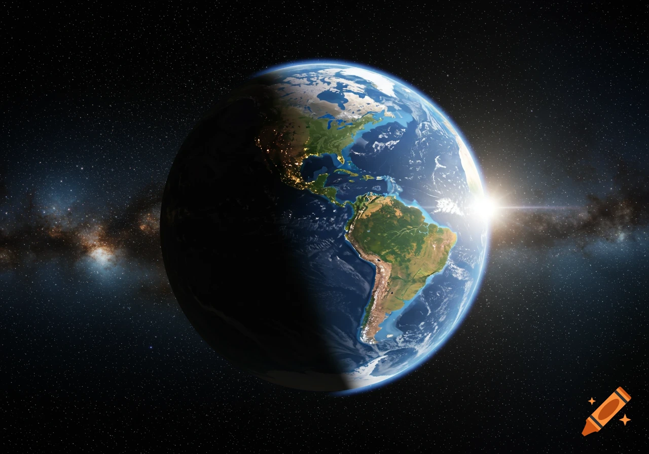 A photorealistic view of Earth from space, partially illuminated by the sun, showing North and South America.