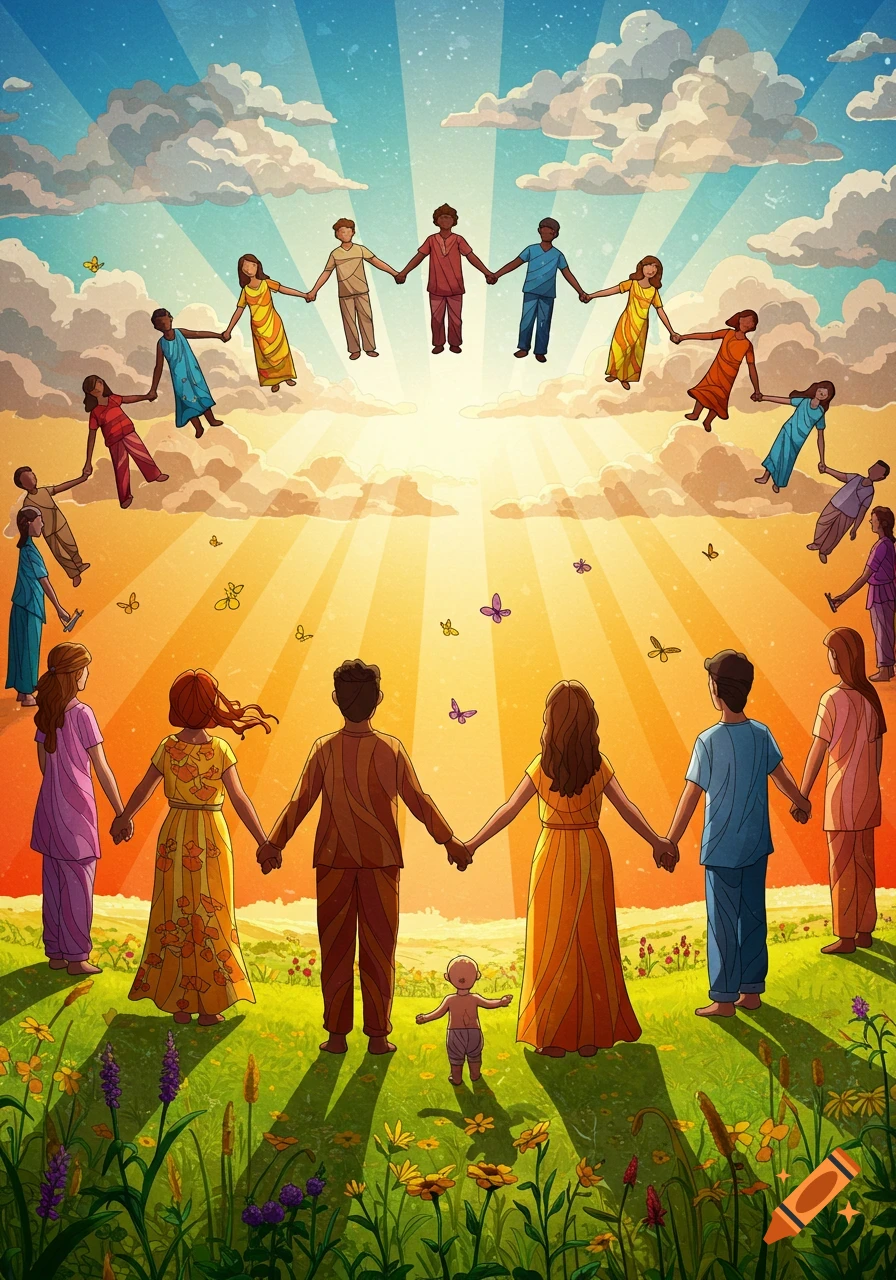 Diverse group of people holding hands in a circle around a baby in a sunny field under a cloudy sky, illustrating unity and inclusion.