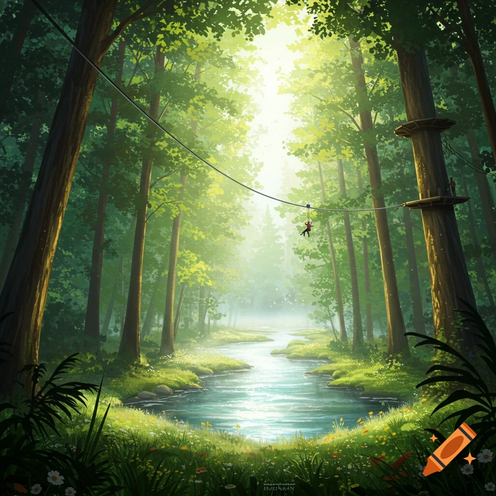 A vibrant, illustrative forest with sunlight streaming through the trees, a winding river, and a person on a zip line.