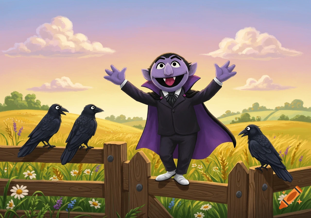 The Count from Sesame Street, a purple puppet vampire, stands on a wooden fence with his arms wide open, surrounded by three black crows in a sunny field.