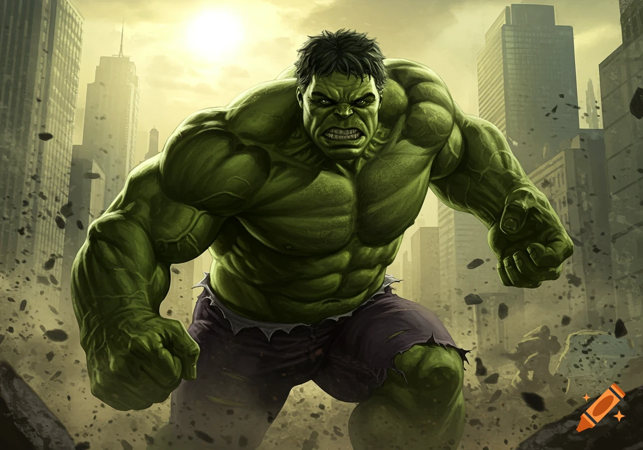 A muscular green Hulk roars menacingly, clenching his fists in a destroyed city with towering buildings, in a comic book illustration style.