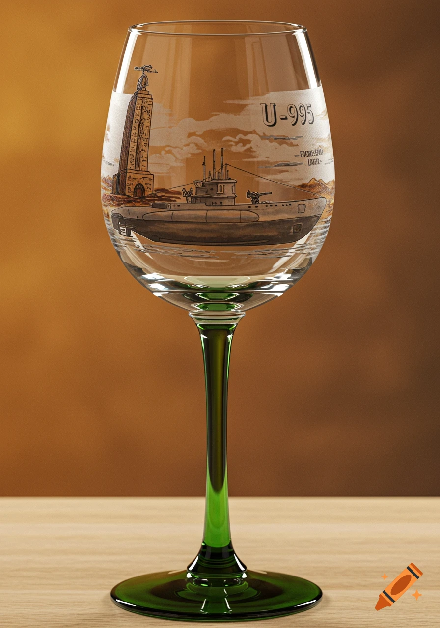 A photorealistic Romer wine glass with a green stem, featuring a colored print of the U-boat U-995 and the Marine Memorial Laboe in the background.