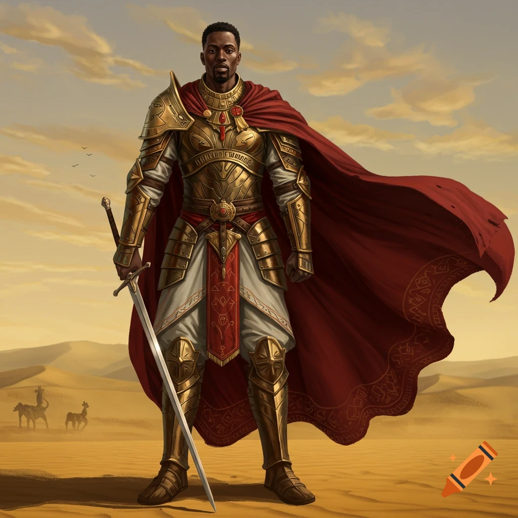 A dark-skinned warrior in ornate golden armor and a flowing red cape stands with a sword in a desert landscape.