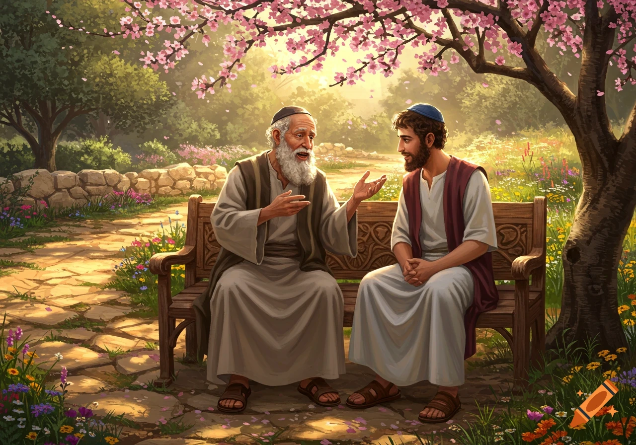 An older and a younger man with beards sit on a bench under a pink flowering tree in a sunny garden, talking. Illustration.