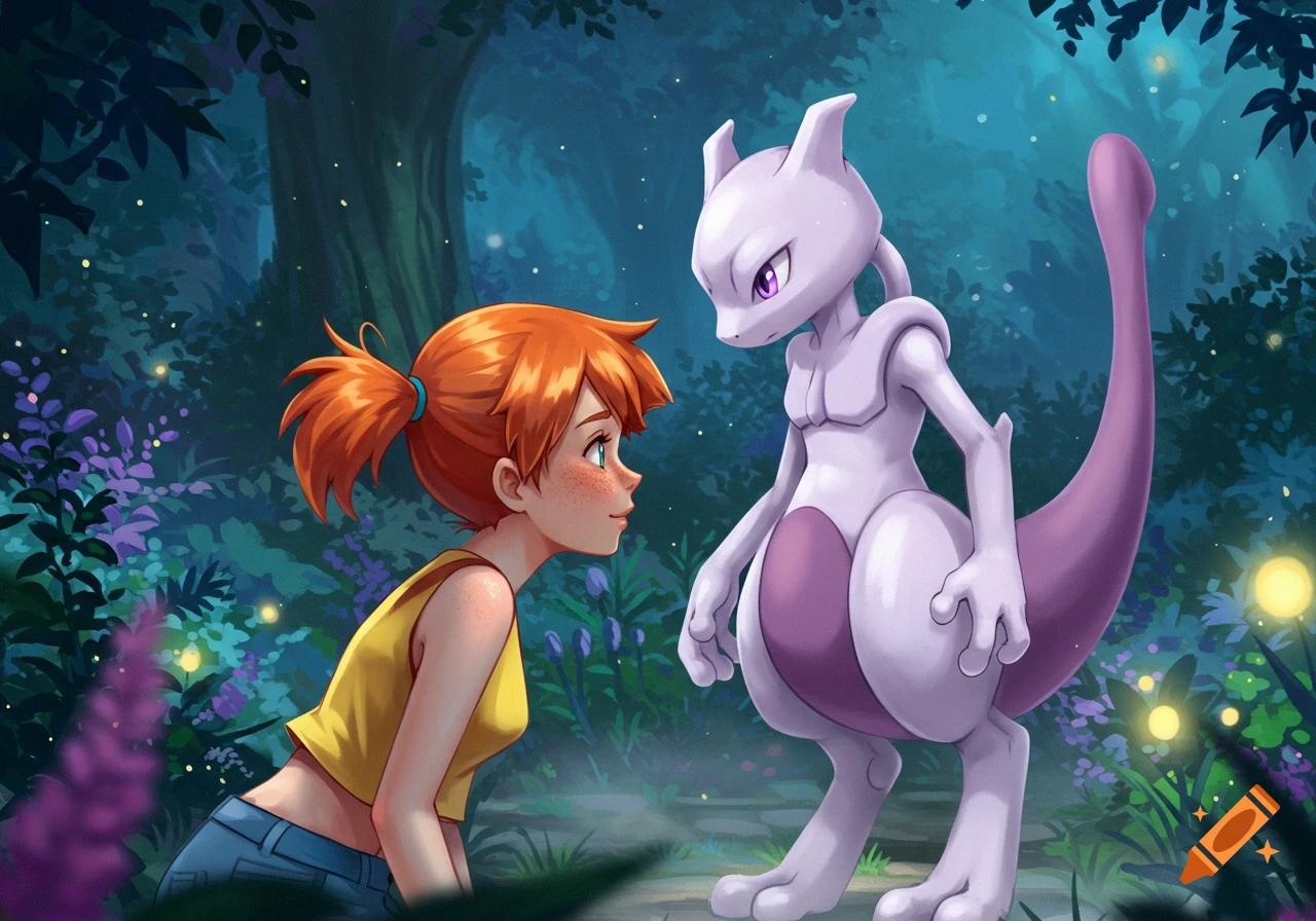 Misty, a young girl with orange hair, looks up at Mewtwo in a mystical, glowing forest.