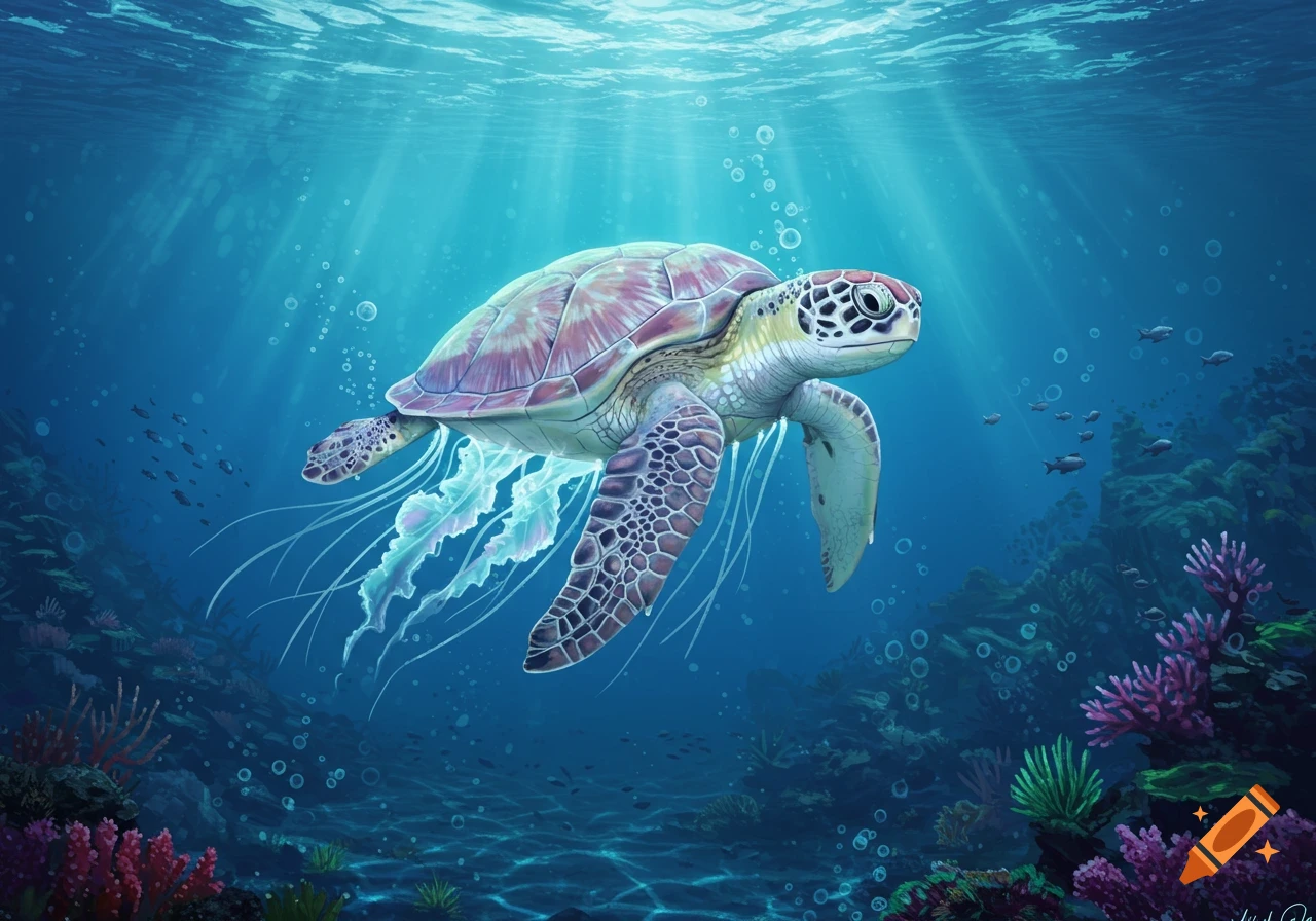 A vibrant sea turtle with translucent, flowing jellyfish-like tentacles swims gracefully underwater amongst coral and small fish.