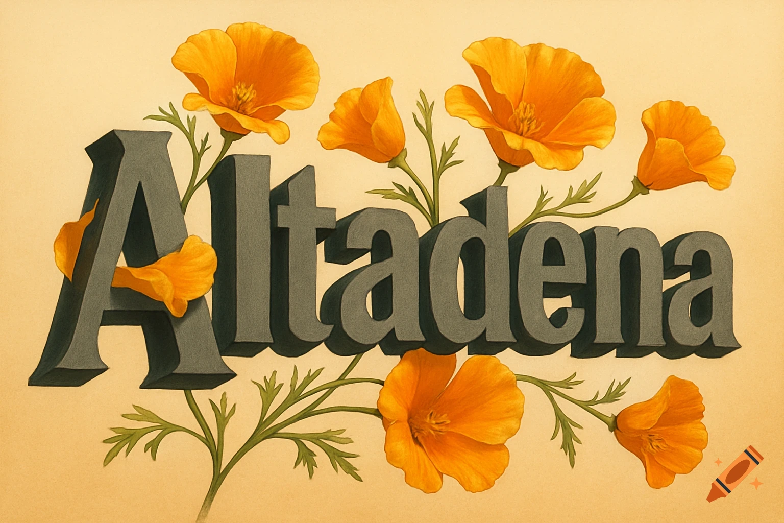 The word "Altadena" in grey block letters, intertwined with vibrant orange California poppies, against a light beige background.