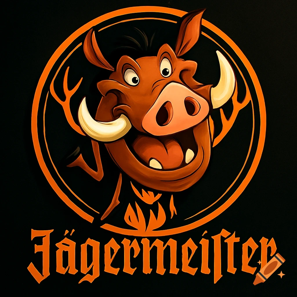 Stylized orange and black Jägermeister logo featuring Pumbaa's smiling cartoon head with tusks.