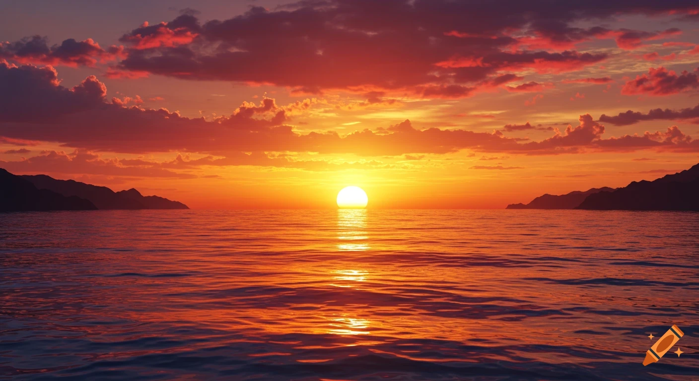 A dramatic, photorealistic sunset over an ocean with dark mountains on the horizon, casting orange and red reflections on the water.