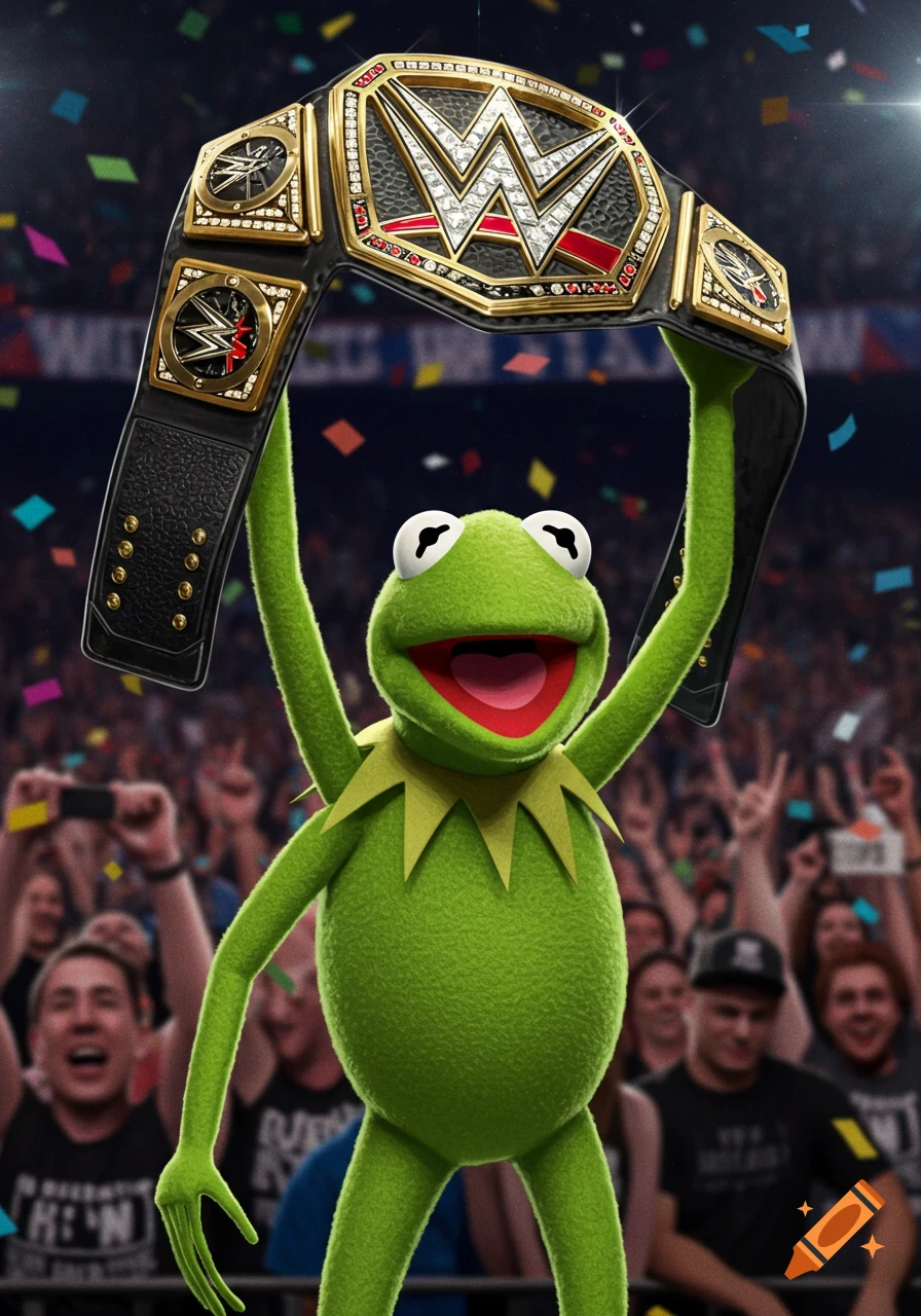 Kermit the Frog joyfully holds a WWE championship belt over his head, standing in a brightly lit arena with a cheering crowd and confetti.