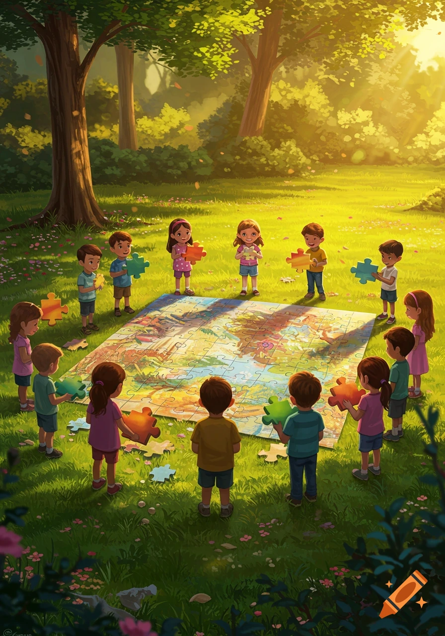 A group of diverse children playing with a large, incomplete puzzle on the grass in a sunny park surrounded by trees, each child holding a puzzle piece.
