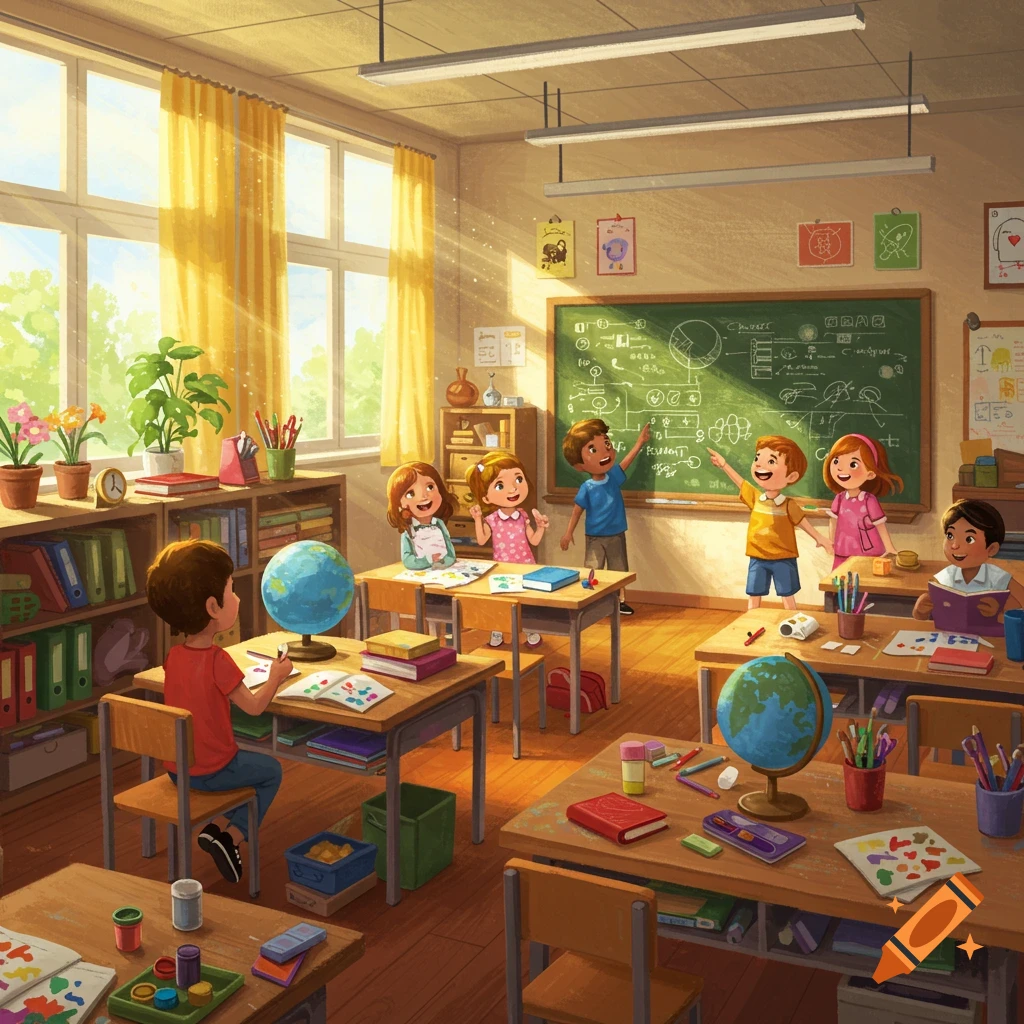 Illustrated classroom filled with diverse children learning, with desks, a blackboard, and globes under sunlit windows.