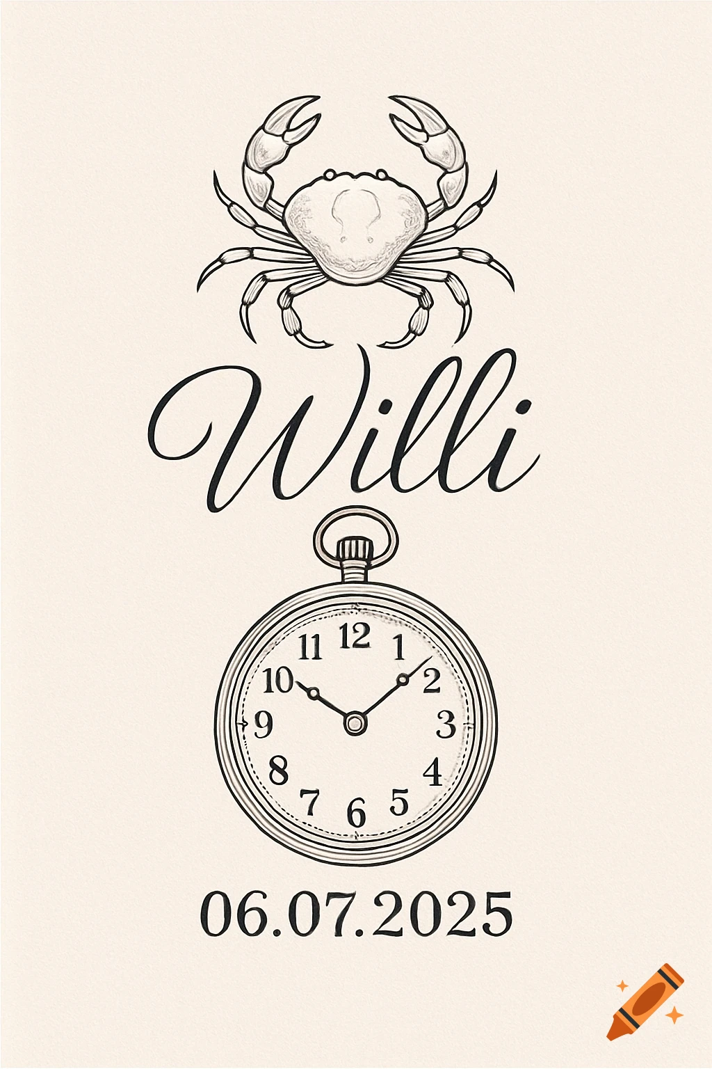A minimalist fineline tattoo design with a crab, the name Willi, a pocket watch, and the date 06.07.2025.