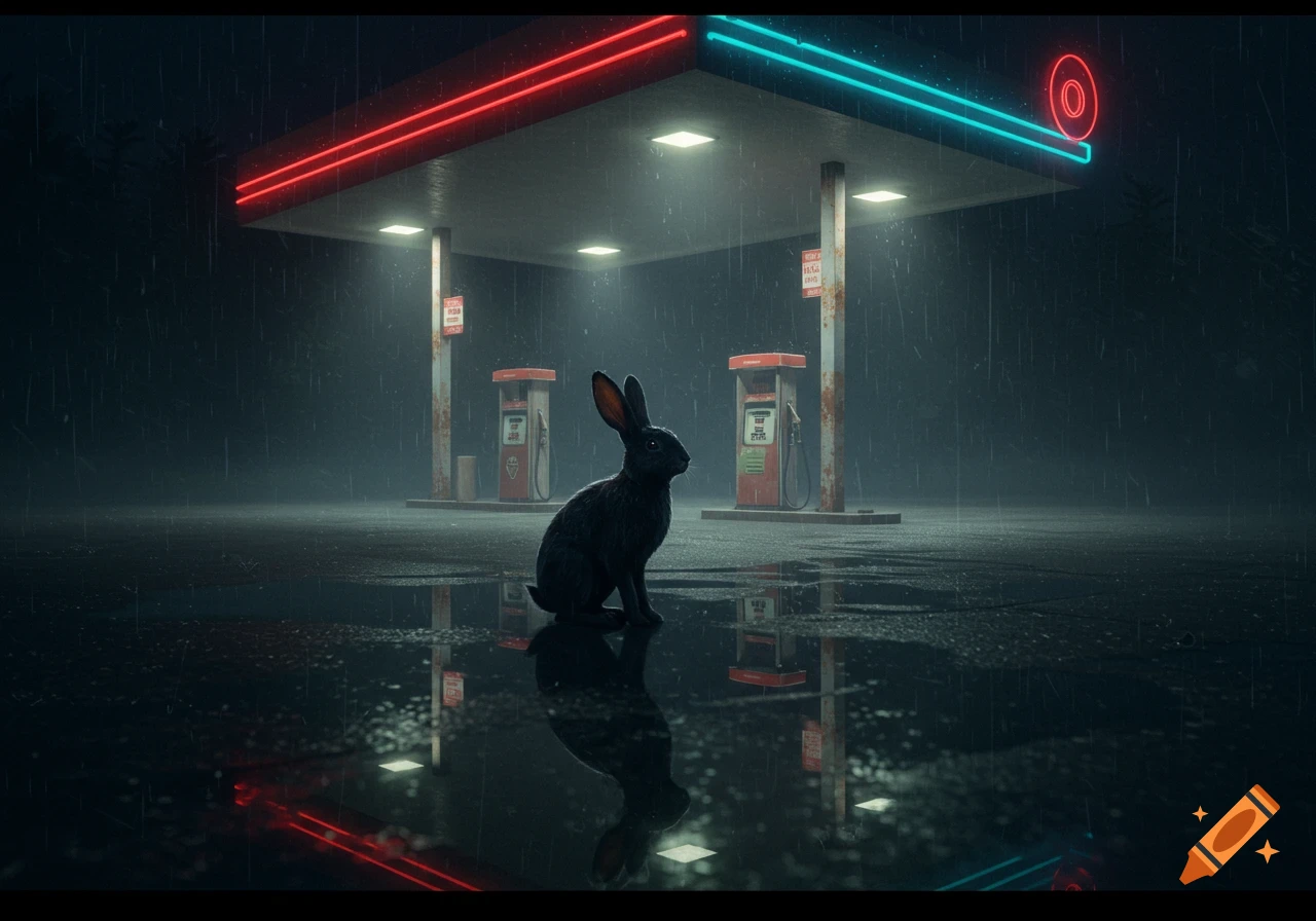 A photorealistic image of a black rabbit sitting on wet pavement at a gas station during a rainy night, with neon lights reflecting in puddles.