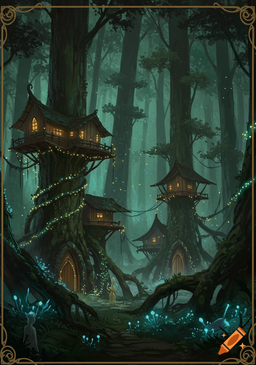 A fantasy forest at dusk with illuminated treehouses built into giant trees, glowing blue mushrooms, and faint mystical figures.