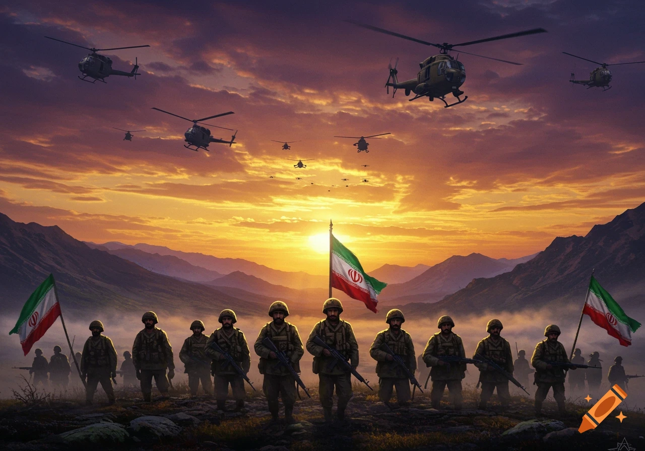 Iranian soldiers with rifles and flags stand on a mountain at sunset, with helicopters flying in the colorful sky.