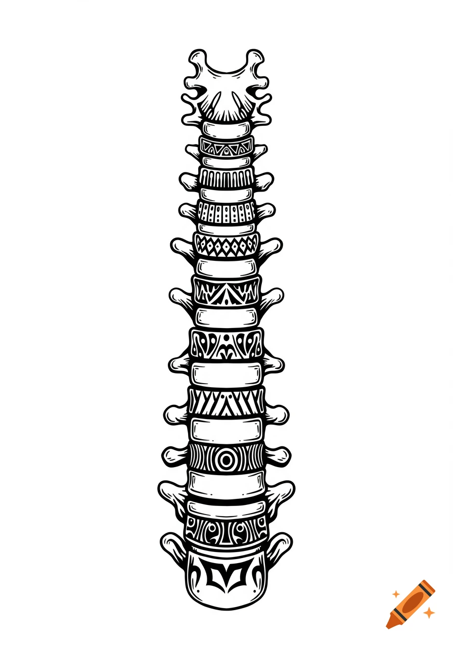 A black and white tribal stylized illustration of a human spine with decorative patterns on each vertebra.