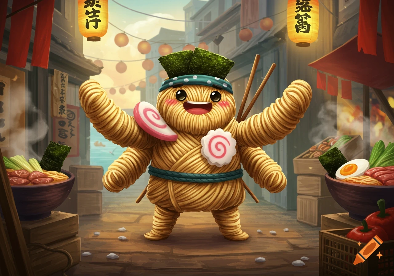 A cute, smiling ramen noodle man wearing a seaweed hat and holding chopsticks in a vibrant Japanese street market.