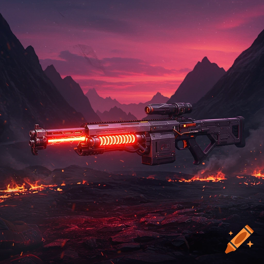 A futuristic laser anti-material rifle glows red, floating over a dark, fiery, mountainous alien landscape under a dramatic purple sky.
