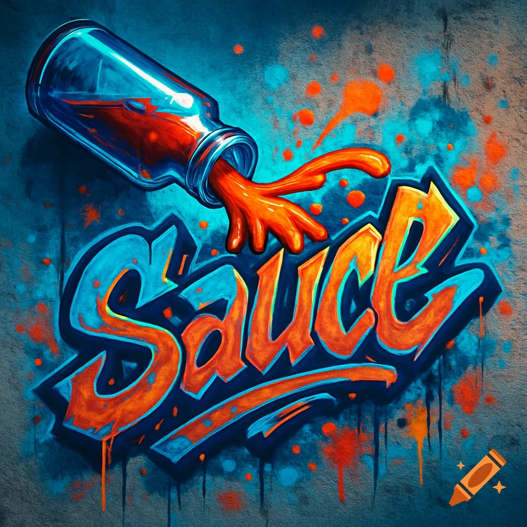 A glass bottle pours orange sauce onto blue and orange graffiti text spelling "Sauce" on a textured wall, vibrant street art style.