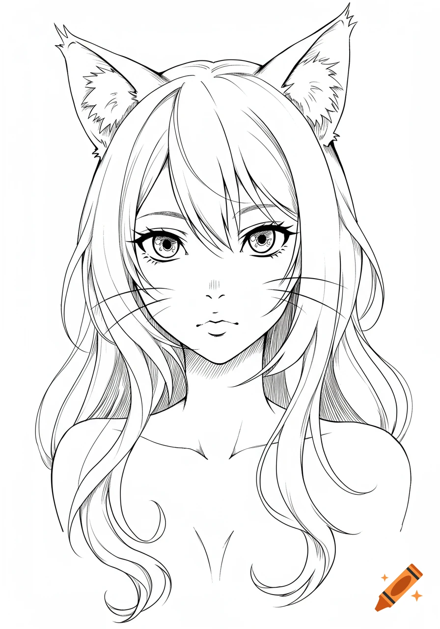 A black and white line art drawing of an anime catgirl with long wavy hair and cat ears, facing front.